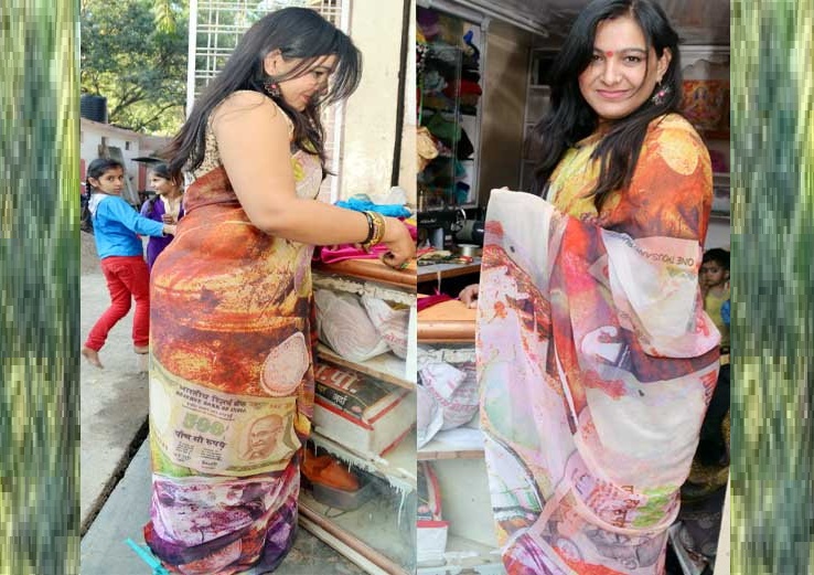 woman wear saree printed images of 500-1000 rs notes