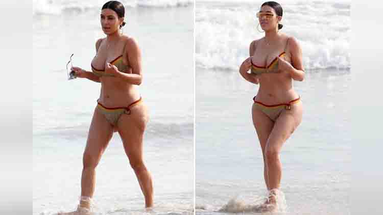 Kim Kardashian and Kourtney in bikinis on the beach in candid glimpse of yummy mummies in Mexico