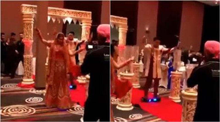 Indian Bride and Groom enter wedding on Hoverboard