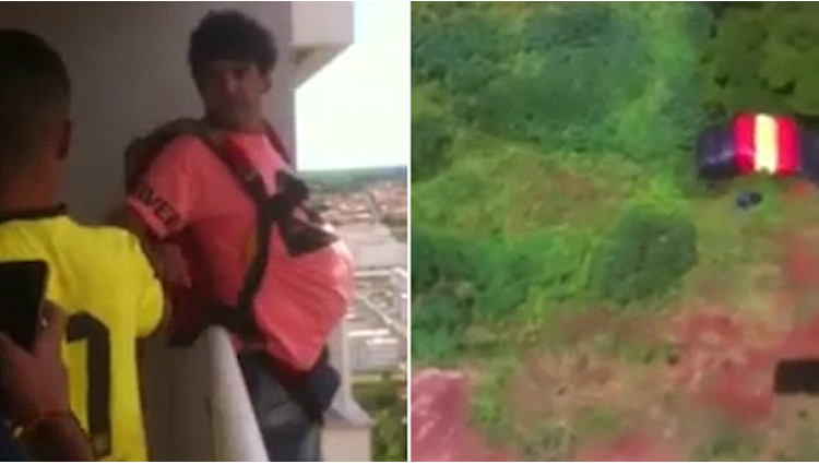 man wearing parachute jumps off balcony video viral