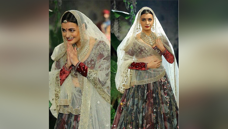 dia mirza looks like a royal bride in anju modi ensemble at icw 