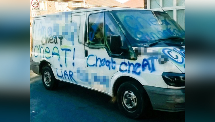 Angry jilted lover covers partners white van in foul mouthed graffiti branding him a cheat