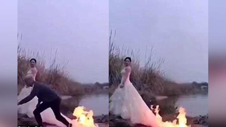 Bride let photographer set fire on her gown only to take a wedding photo