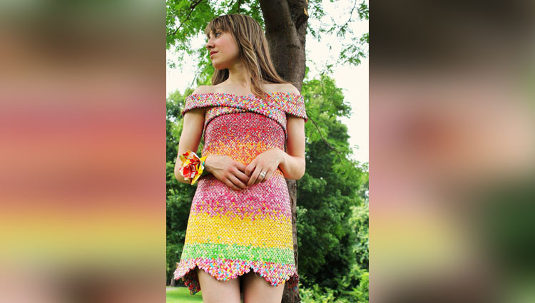 Woman makes dress out of more than 10000 Starburst candy wrappers