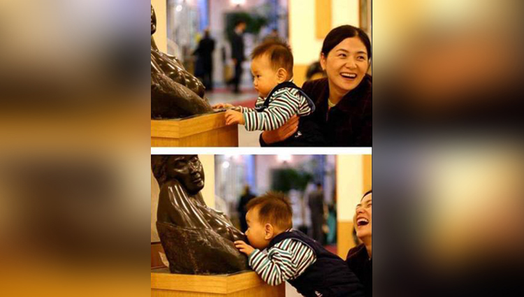 small kids funny pictures clicking with statues