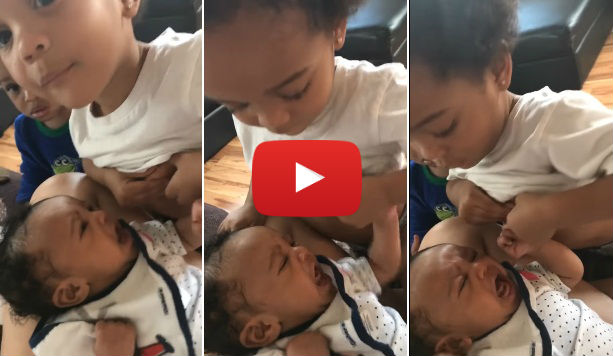 Sweet Brother Tries to Soothe Baby Sister by Breastfeeding