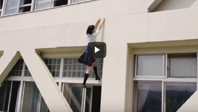 Japanese high school girl who is late for school take the surprised way
