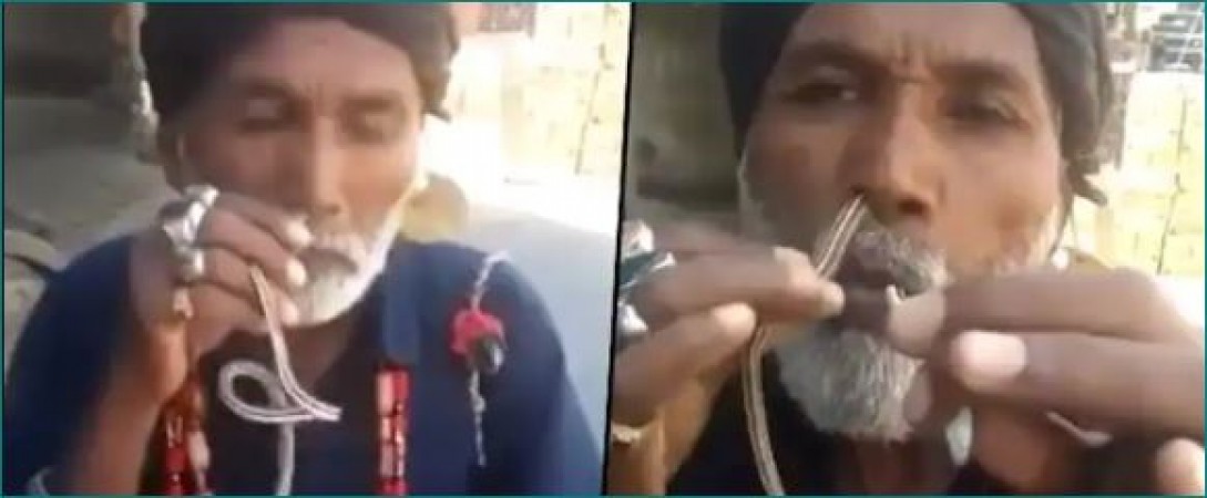 viral video of man inserting snake into his nose