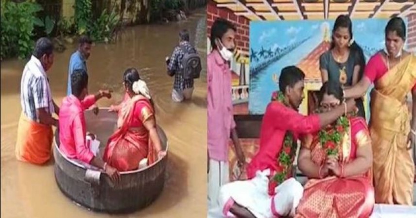 Bride and groom reach flooded hall in cooking vessel and get married amid kerala heavy rainfall situation