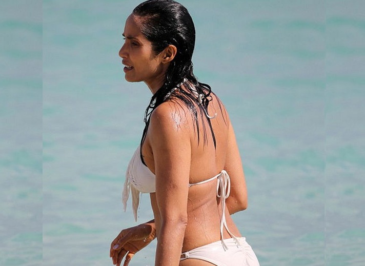 actress padma lakshmi on miami beach with daughter in bikini